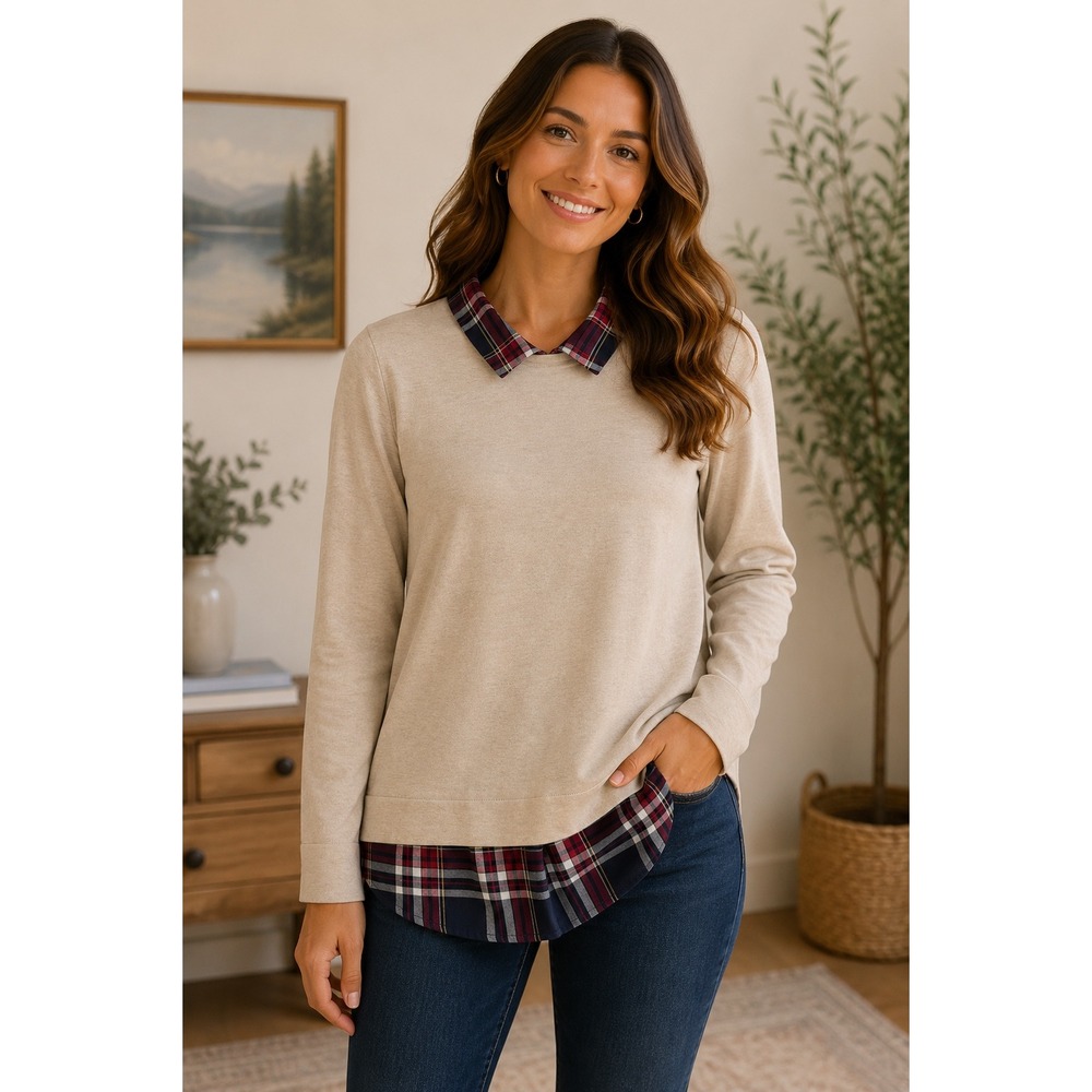 J.Crew Womens Oatmeal Heather Plaid Layered Look Collared Sweater Size M NEW